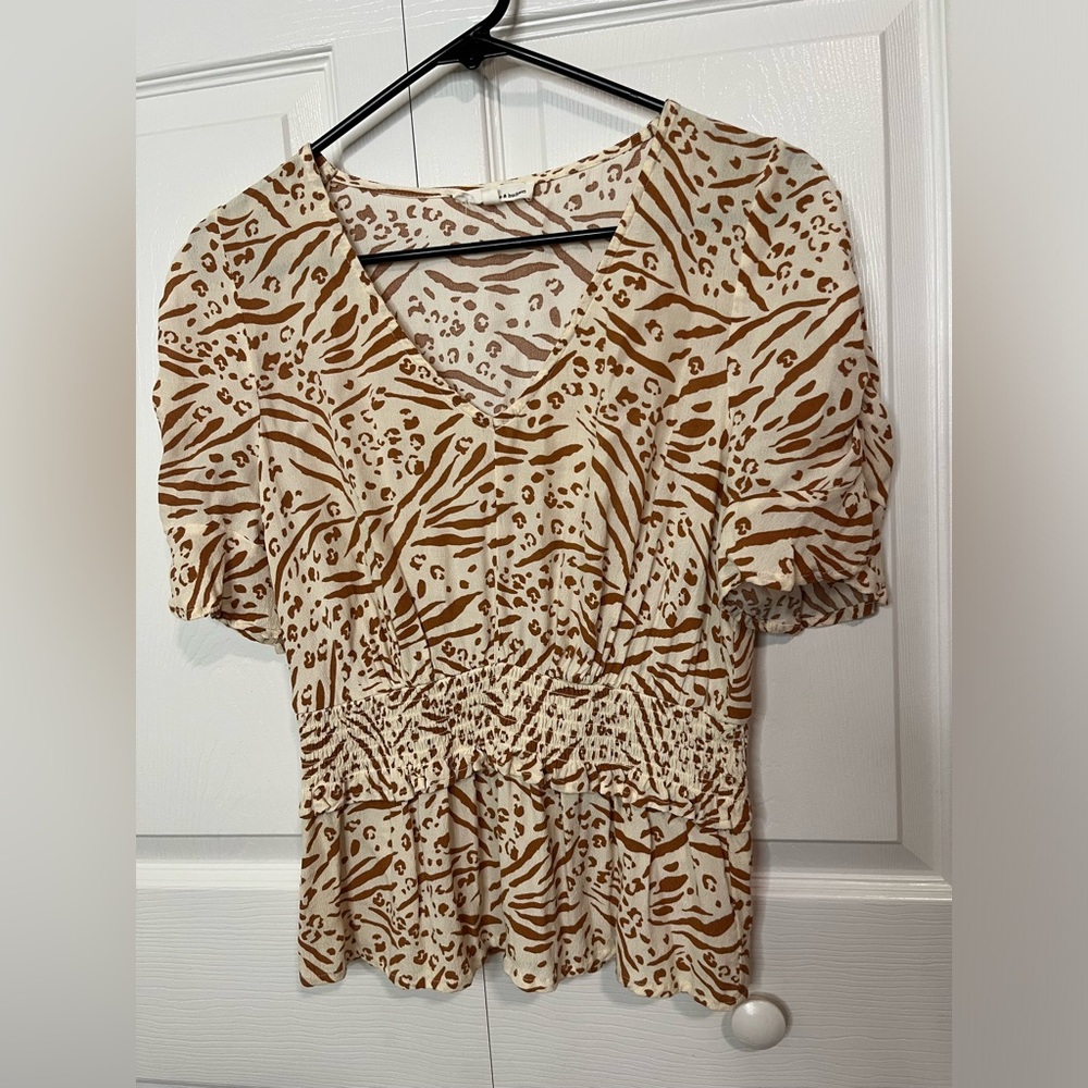 June & Hudson Smocked Waist Animal Print Orange and Cream Blouse Size Small